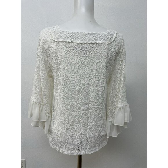 White House Black Market Lined White Lace Top Chiffon Ruffle Sleeves Sze S - Picture 8 of 16
